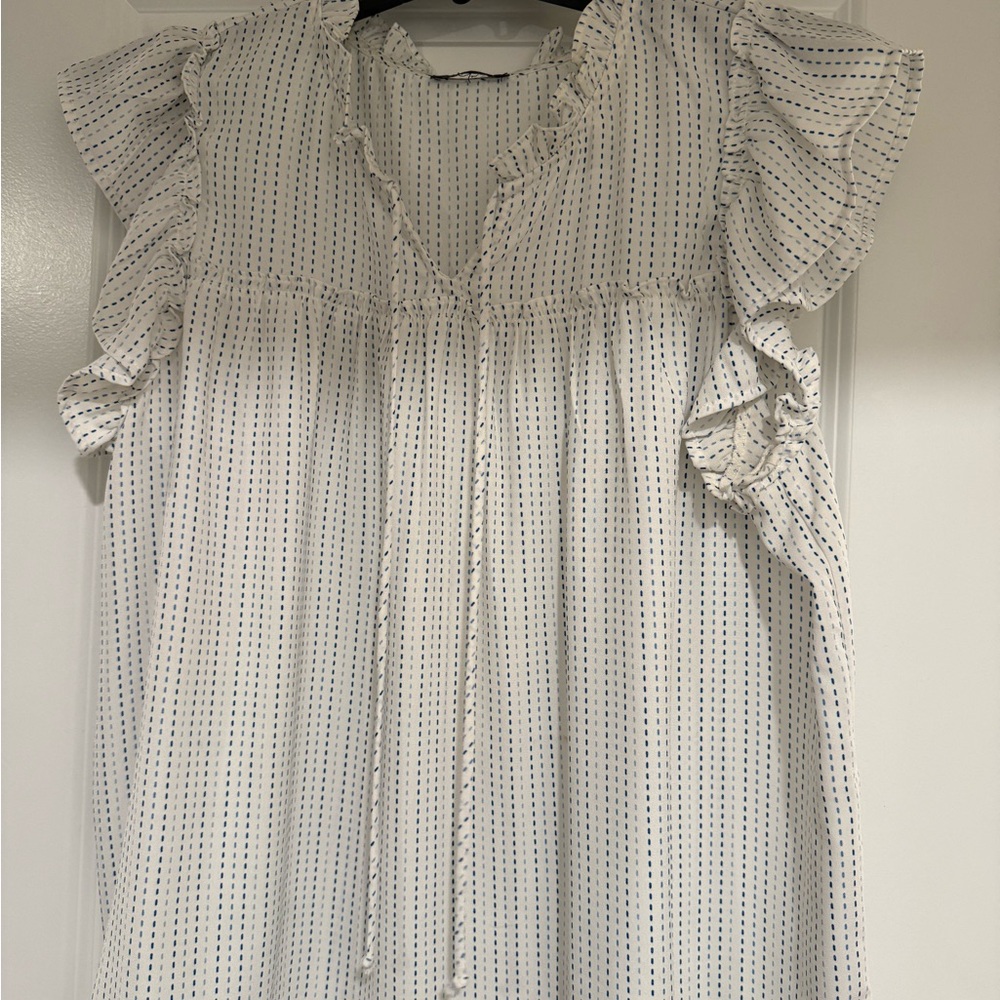 Papermoon White Blouse with Blue Pattern